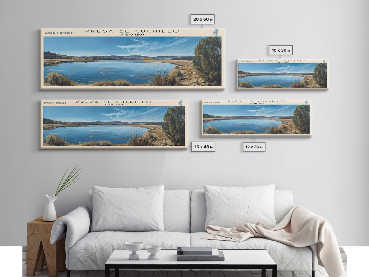 Presa El Cuchillo Lake Framed Canvas Print, Lake House Decor, Panoramic Wall Art, Travel Poster, Beautiful Landscape Painting, Contemporary Art