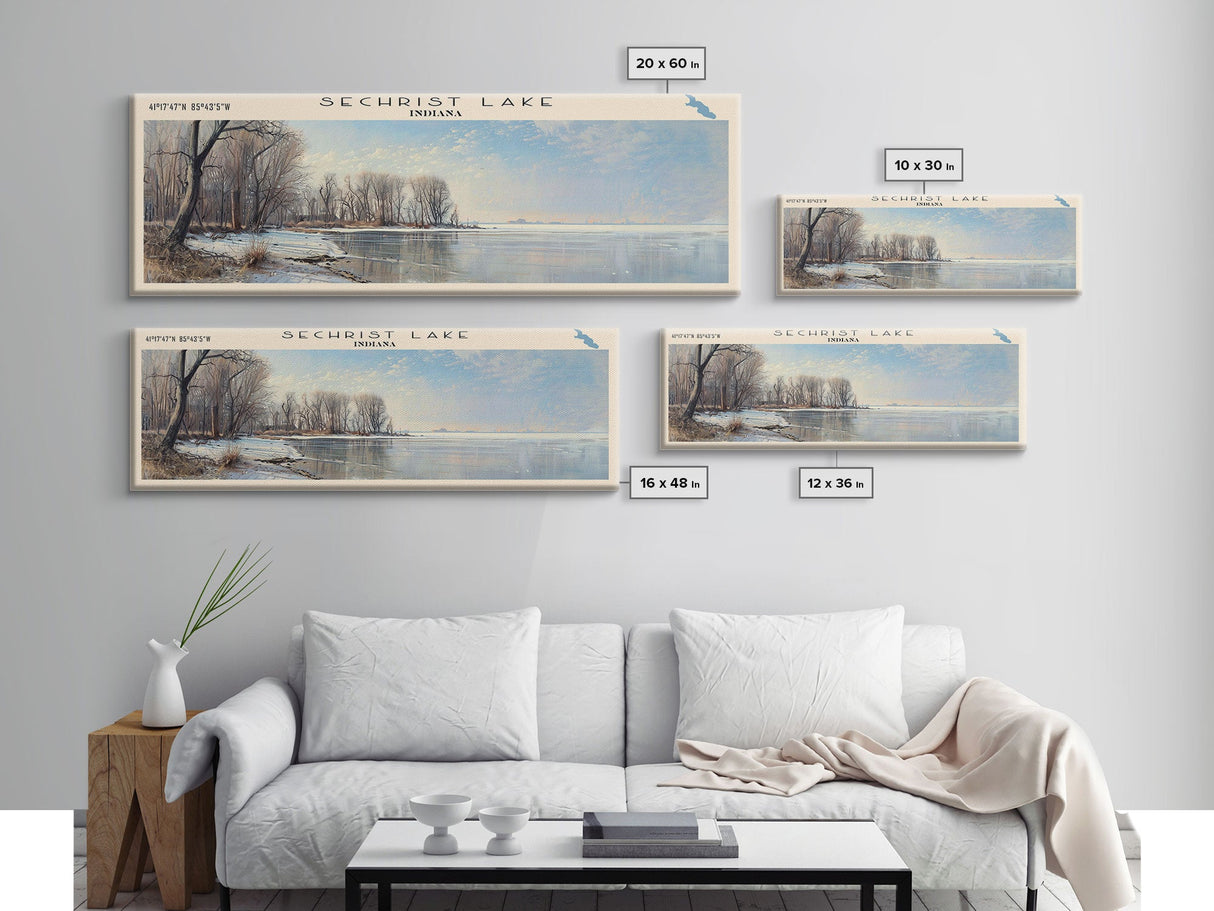 Sechrist Lake Indiana Framed Canvas Print, Lake House Decor, Panoramic Wall Art, Travel Poster, Serene Lake Painting, Bedroom Decor