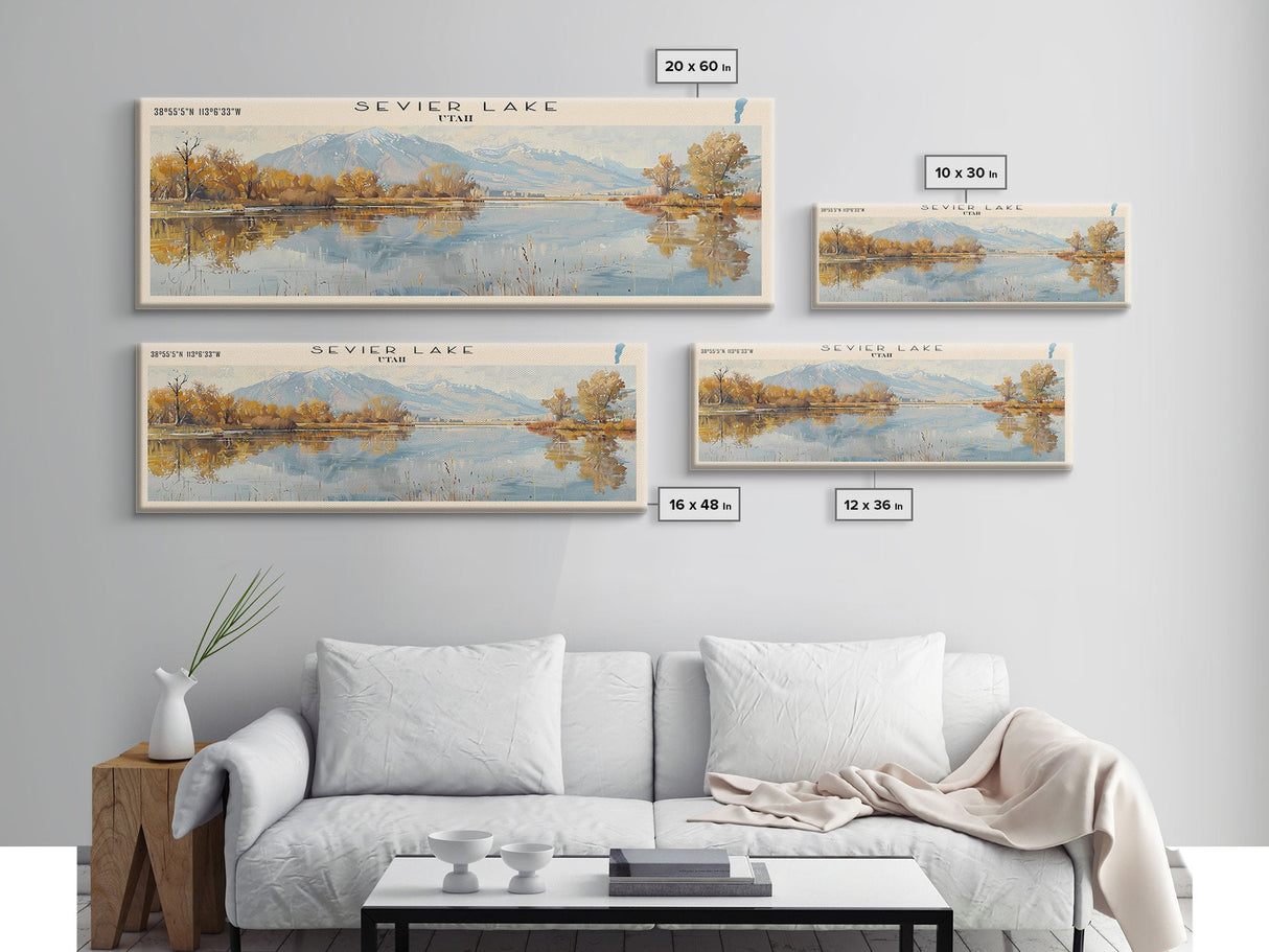 Sevier Lake Utah Panoramic Framed Canvas Print, Lake House Decor, Wall Art, Travel Poster, Tranquil Landscape, Modern Art