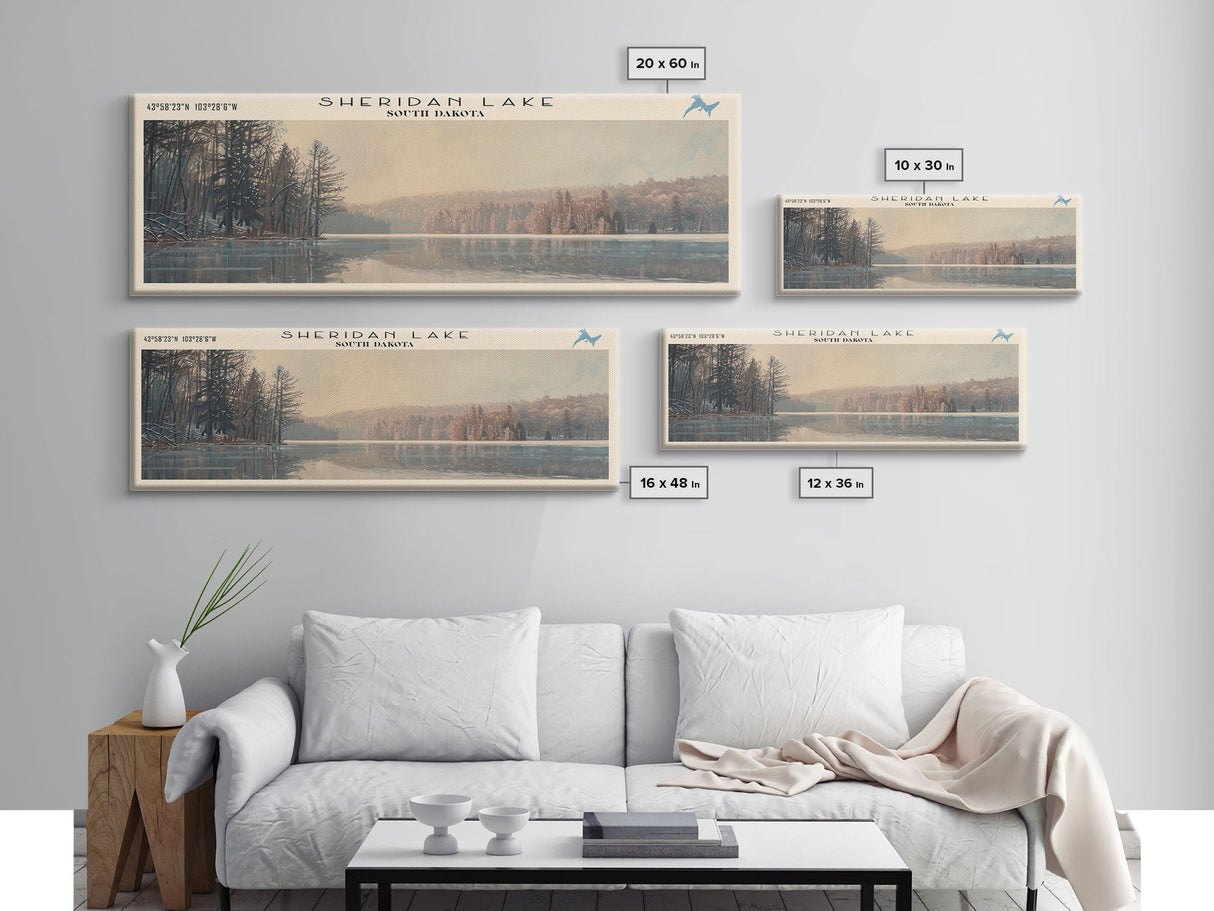 Sheridan Lake South Dakota Panoramic Framed Canvas Print, Lake House Decor, Wall Art, Travel Poster, Serene Landscape, Modern Art