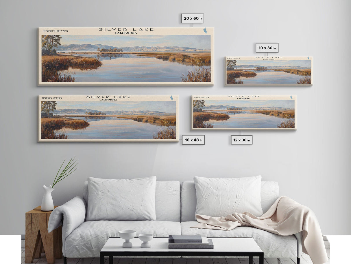 Silver Lake California Panoramic Framed Canvas Print, Lake House Decor, Wall Art, Travel Poster, Beautiful Lake Scene, Bedroom Decor