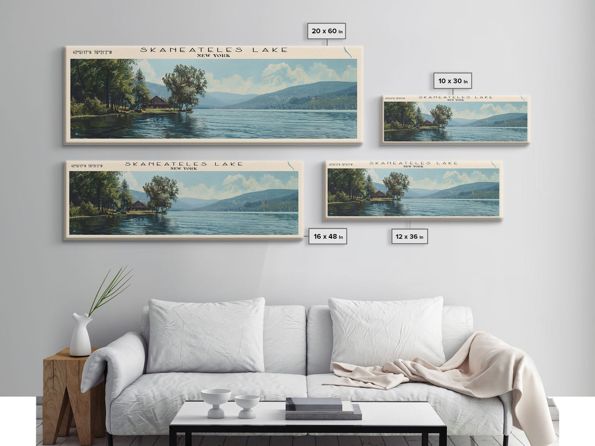 Skaneateles Lake New York Panoramic Framed Canvas Print, Lake House Decor, Wall Art, Travel Poster, Scenic Landscape, Living Room Decor