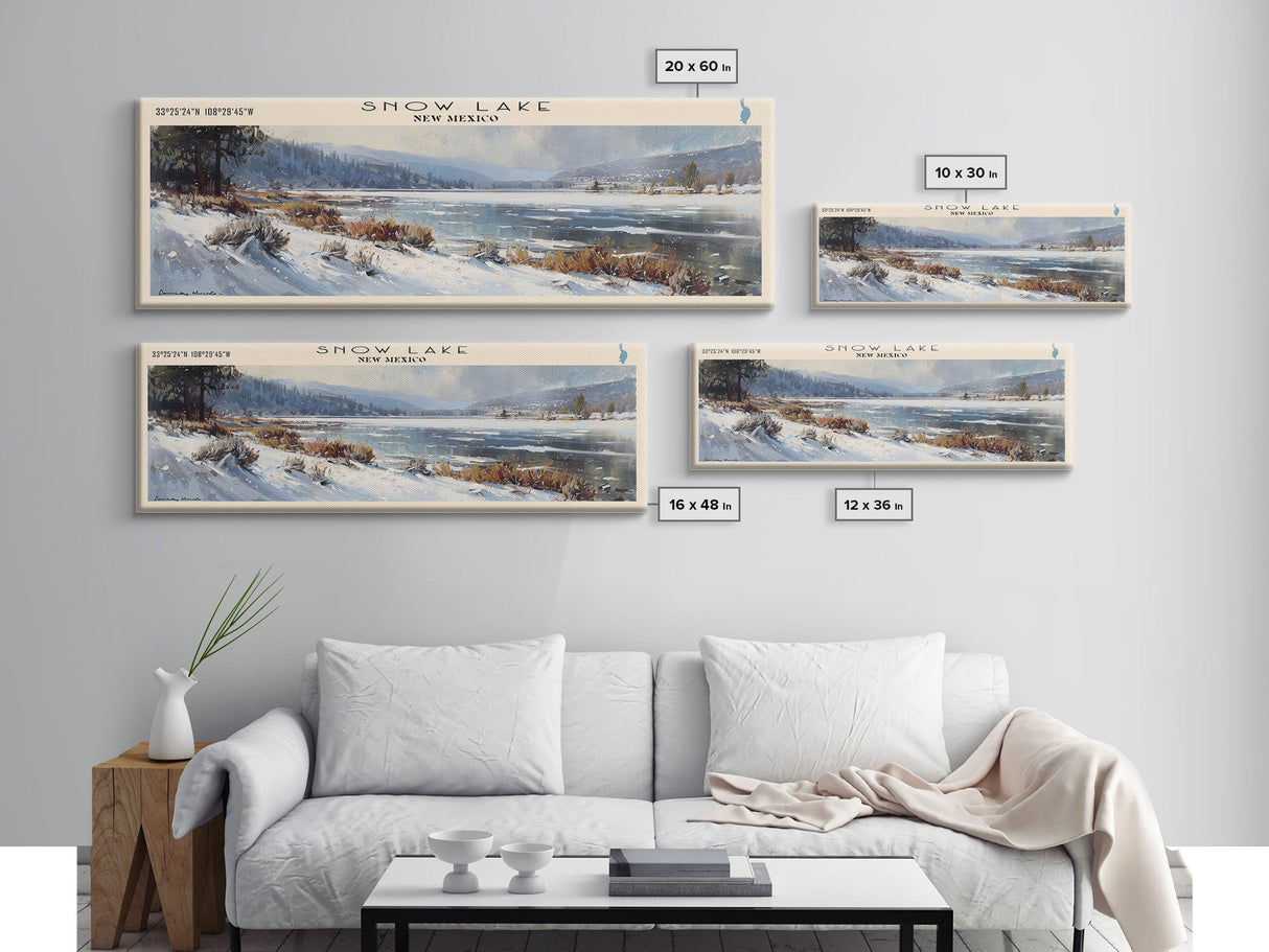 Snow Lake New Mexico Panoramic Framed Canvas Print, Lake House Decor, Wall Art, Travel Poster, Serene Lake Scene, Bedroom Decor