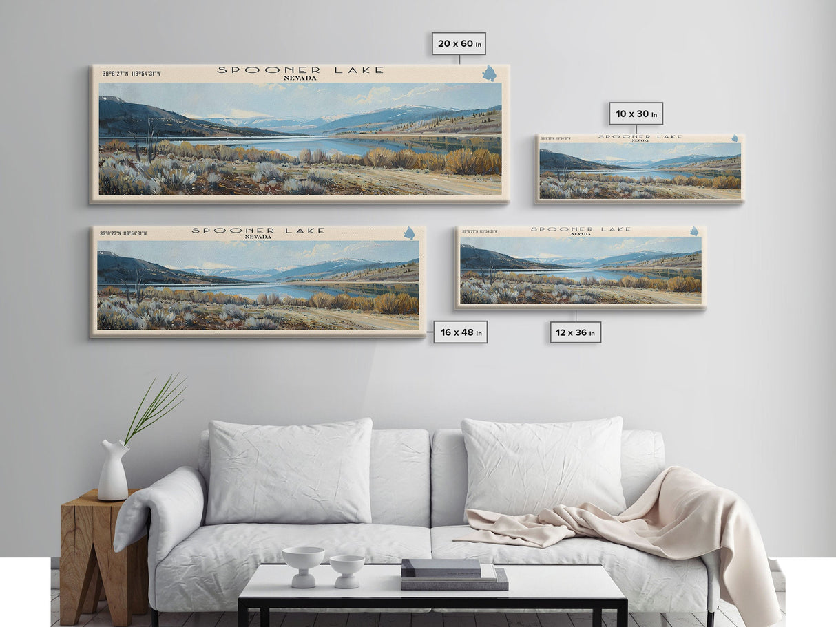 Spooner Lake Nevada Panoramic Framed Canvas Print, Lake House Decor, Wall Art, Travel Poster, Serene Lake Painting, Modern Art