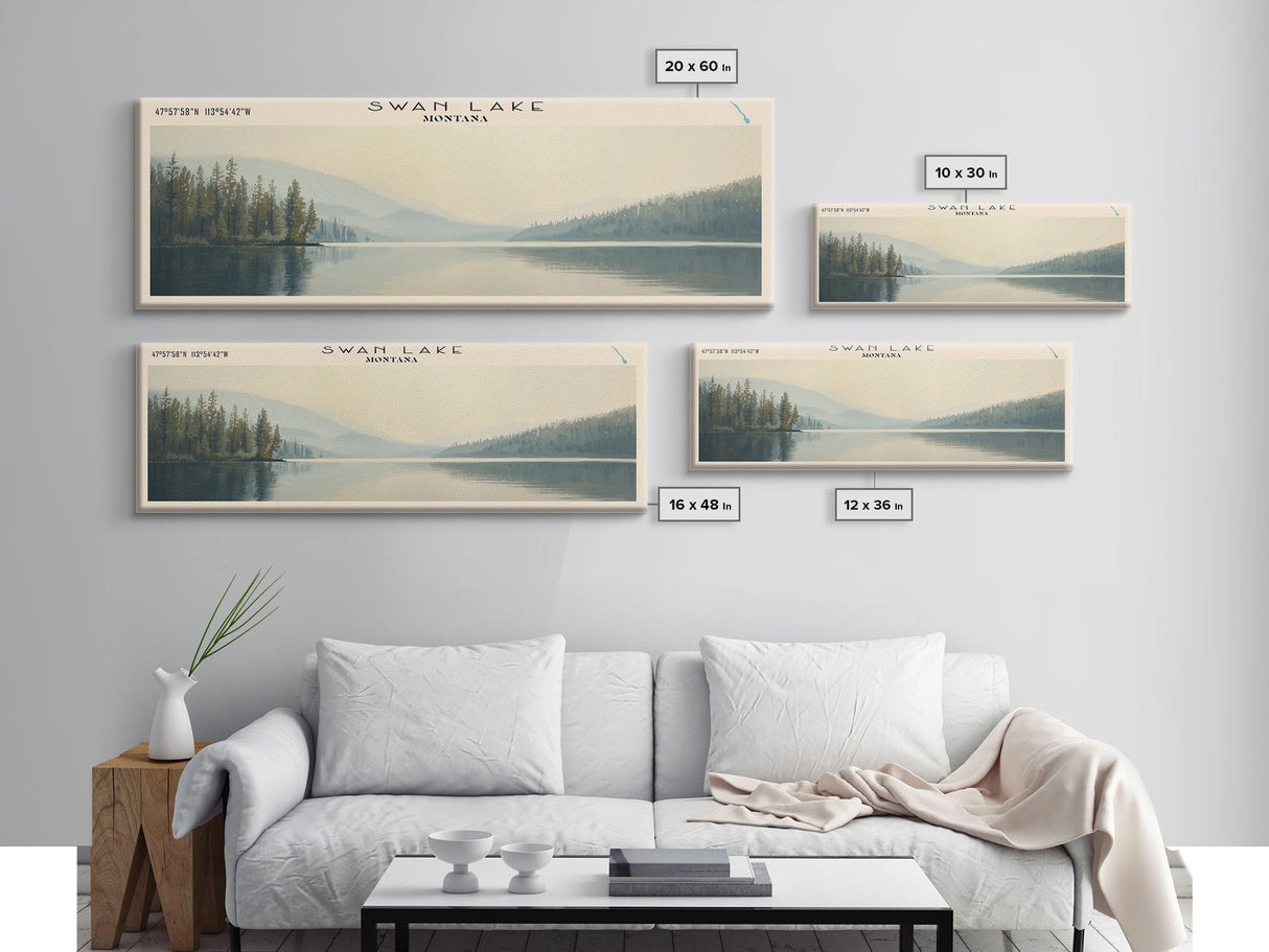 Swan Lake Montana Panoramic Wall Art, Framed Canvas Print, Lake House Decor, Travel Poster, Beautiful Landscape, Bedroom Decor