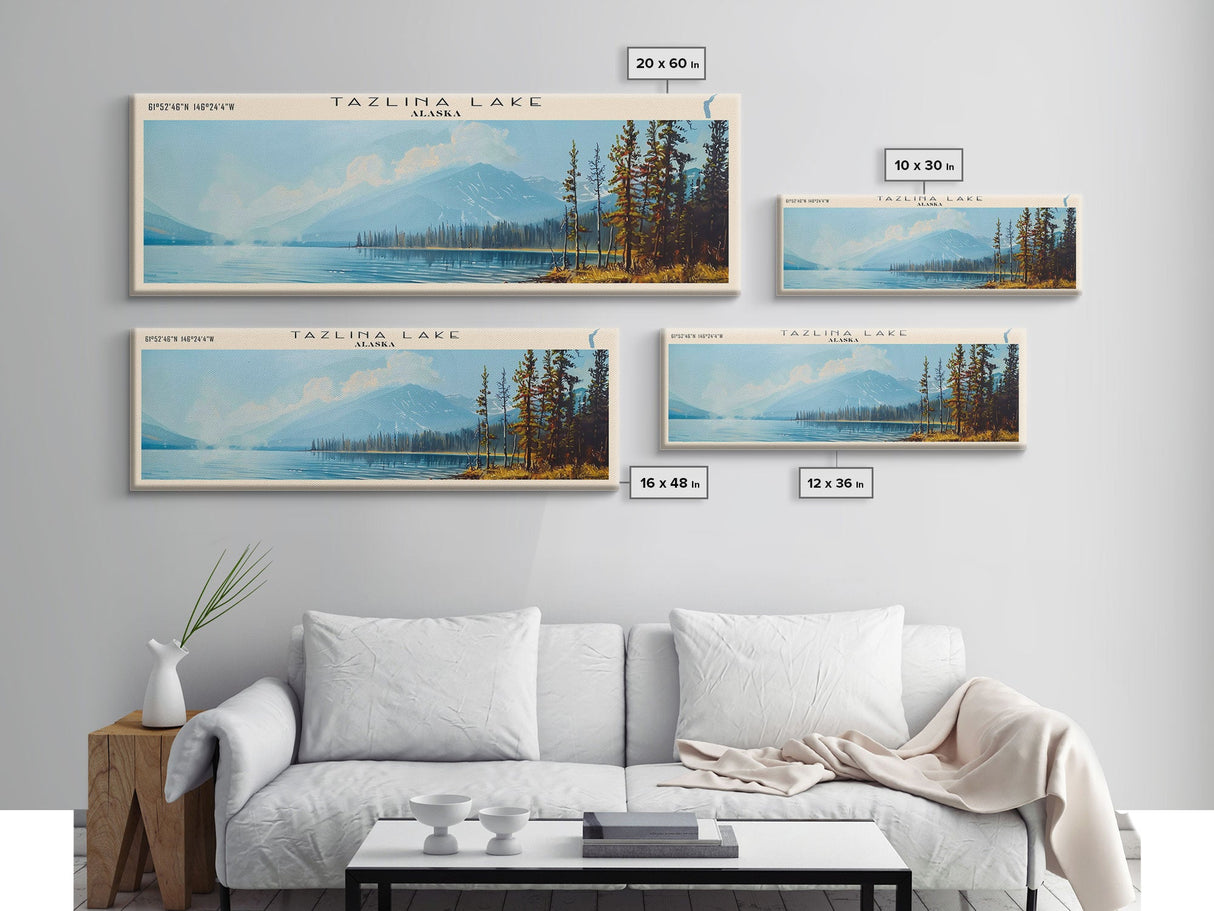 Tazlina Lake Panoramic Wall Art, Framed Canvas Print, Lake House Decor, Travel Poster, Serene Landscape, Living Room Decor, Nature Painting