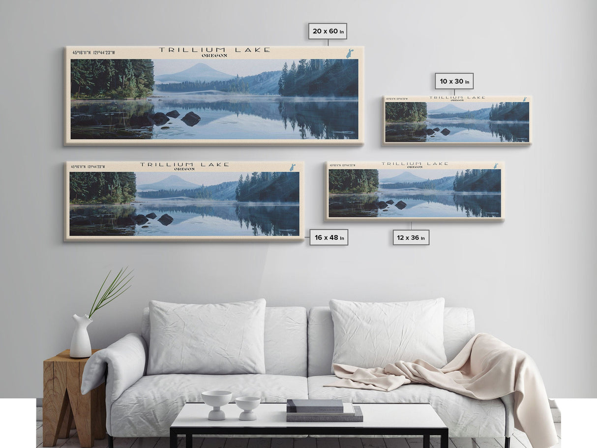 Trillium Lake Oregon Panoramic Wall Art, Framed Canvas Print, Lake House Decor, Travel Poster, Serene Landscape, Home Art