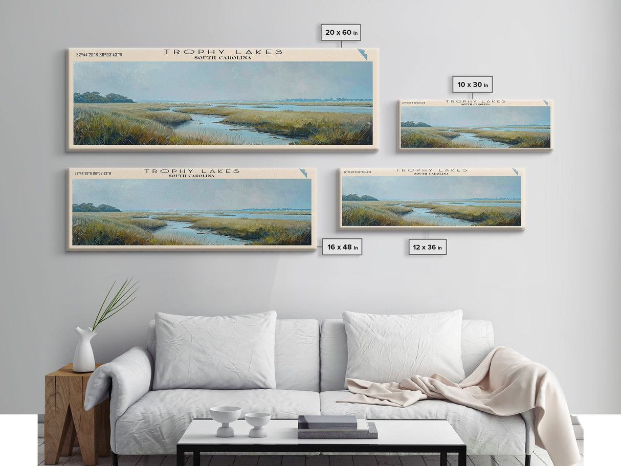 Trophy Lakes South Carolina Panoramic Wall Art, Framed Canvas Print, Lake House Decor, Travel Poster, Scenic Lake Scene, Living Room Art