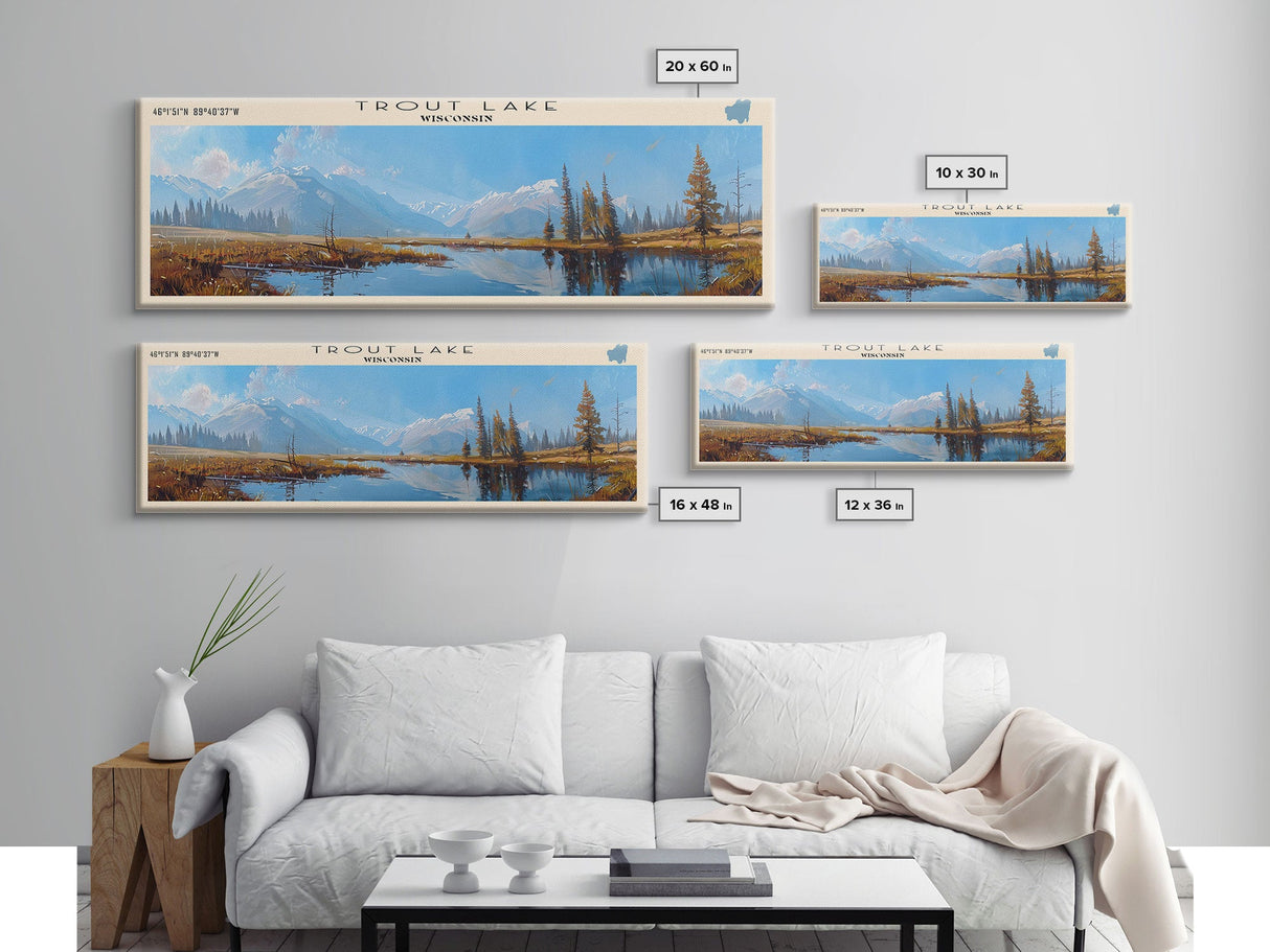 Trout Lake Panoramic Wall Art, Framed Canvas Print, Lake House Decor, Travel Poster, Scenic Landscape, Living Room Art