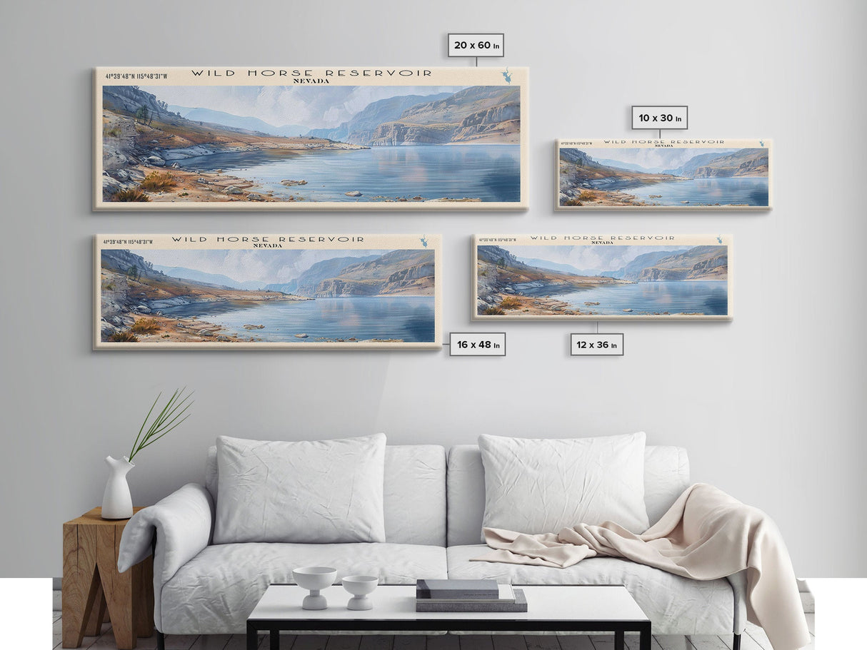 Wild Horse Reservoir Nevada Panoramic Wall Art, Framed Canvas Print, Lake House Decor, Travel Poster, Scenic Lake Scene, Living Room Art