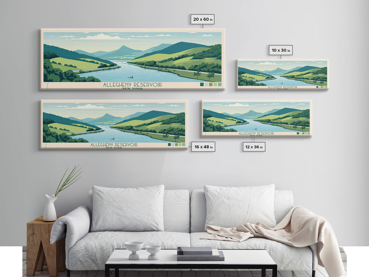 Allegheny Reservoir New York Framed Canvas Print, Panoramic Travel Poster, Pop Art, Midcentury Modern Wall Art, Lake House Art