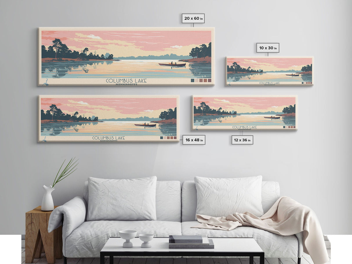 Columbus Lake Mississippi Framed Canvas Print, Midcentury Modern Panoramic Wall Art, Living Room Decor, Pop Art, Travel Poster Art, Scenic Nature Painting