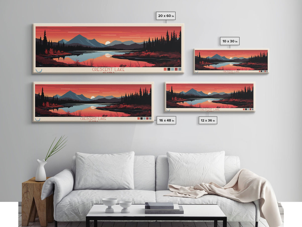 Crescent Lake Alaska Framed Canvas Print, Pop Art Panoramic Travel Poster, Midcentury Modern, Wall Art, Scenic Nature Painting, Bedroom Decor, Living Room Art