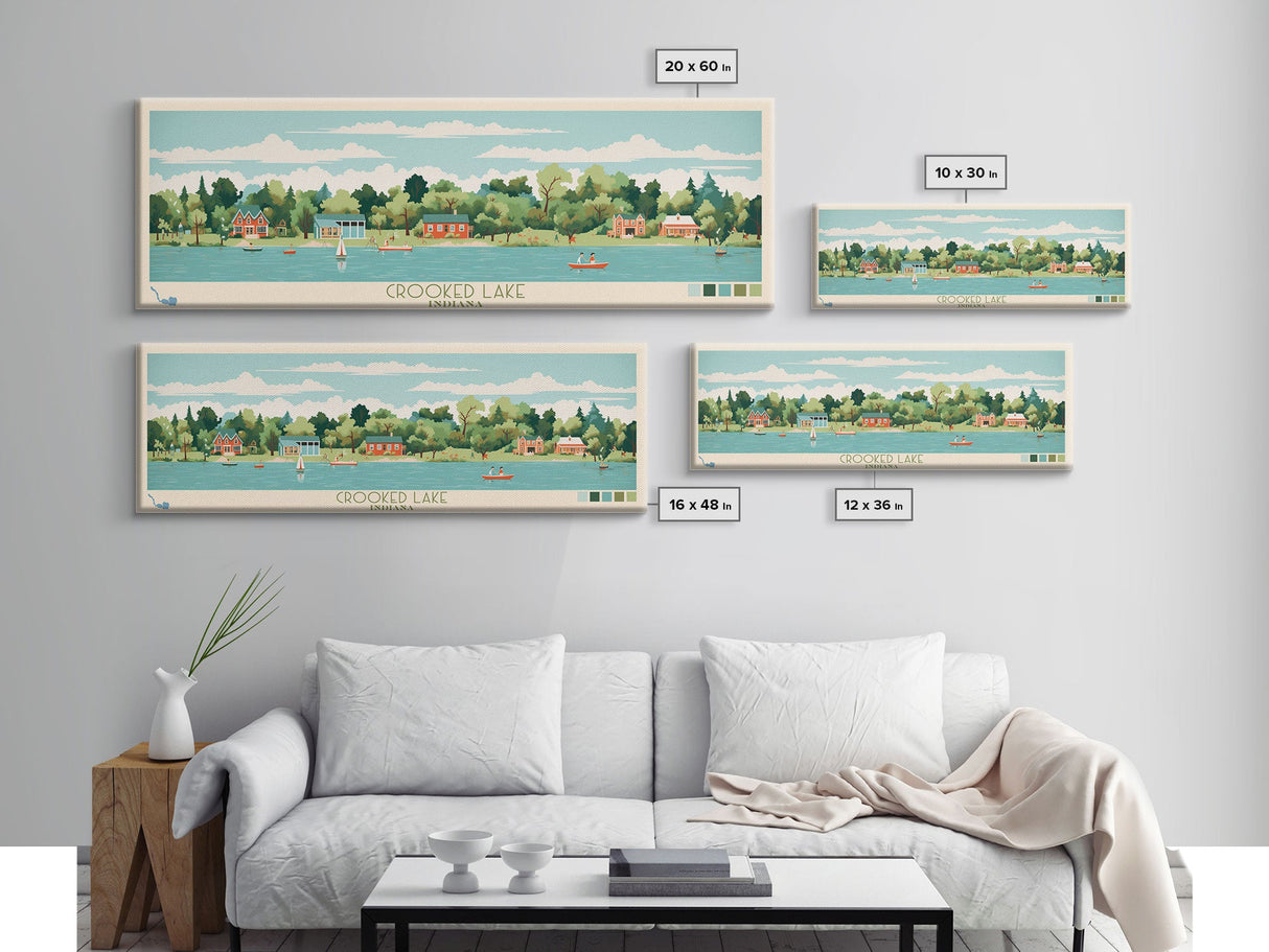 Crooked Lake Indiana Framed Canvas Print, Midcentury Modern Panoramic Wall Art, Living Room Decor, Pop Art, Travel Poster Art, Scenic Nature Painting, Lake House Decor