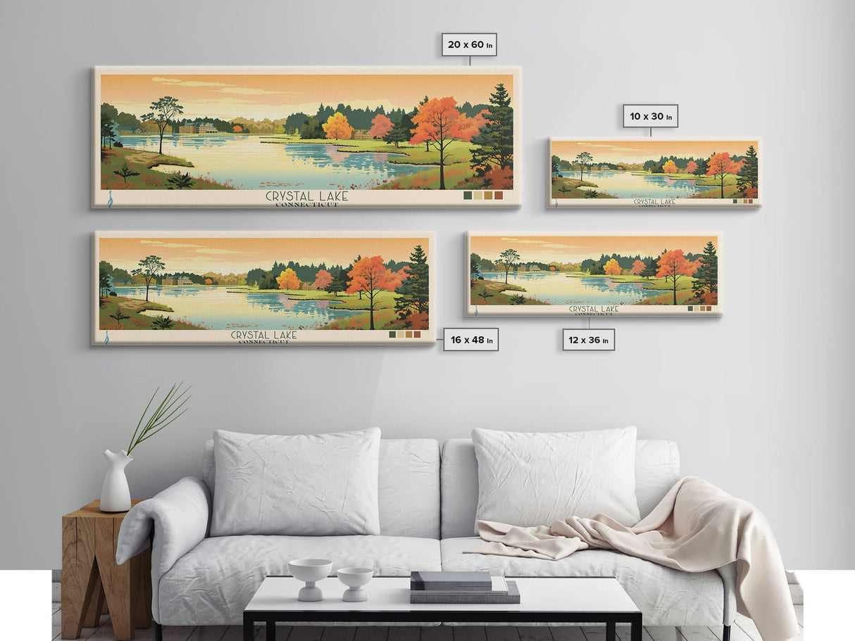 Crystal Lake Connecticut Framed Canvas Print, Pop Art Panoramic Travel Poster, Midcentury Modern, Wall Art, Scenic Nature Painting, Bedroom Decor, Living Room Art