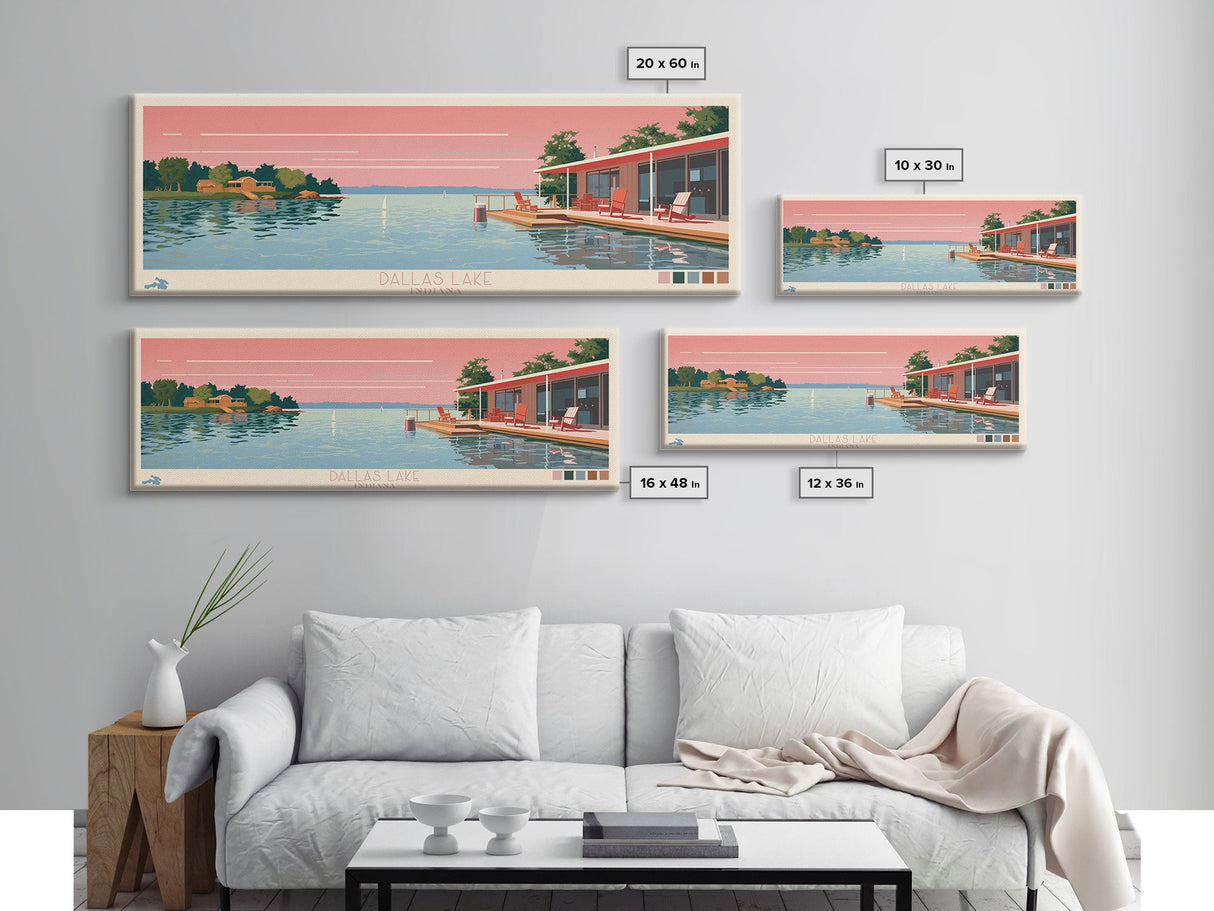 Dallas Lake Indiana Framed Canvas Print, Midcentury Modern Panoramic Wall Art, Bedroom Decor, Pop Art, Travel Poster Art, Scenic Nature Painting