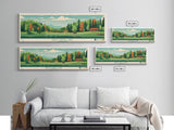 Deep Creek Lake Maryland Framed Canvas Print, Midcentury Modern Panoramic Wall Art, Bedroom Decor, Pop Art, Travel Poster Art, Scenic Nature Painting