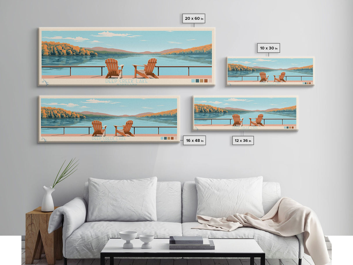 Deep Creek Lake Maryland Framed Canvas Print, Midcentury Modern Panoramic Wall Art, Living Room Decor, Pop Art, Travel Poster Art, Scenic Nature Painting