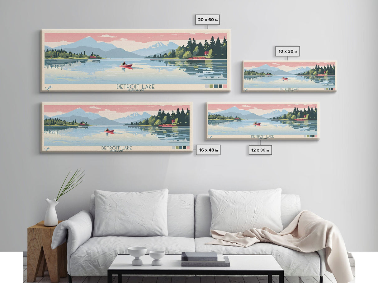 Detroit Lake Oregon Framed Canvas Print, Midcentury Modern Panoramic Wall Art, Bedroom Decor, Pop Art, Travel Poster Art, Scenic Nature Painting