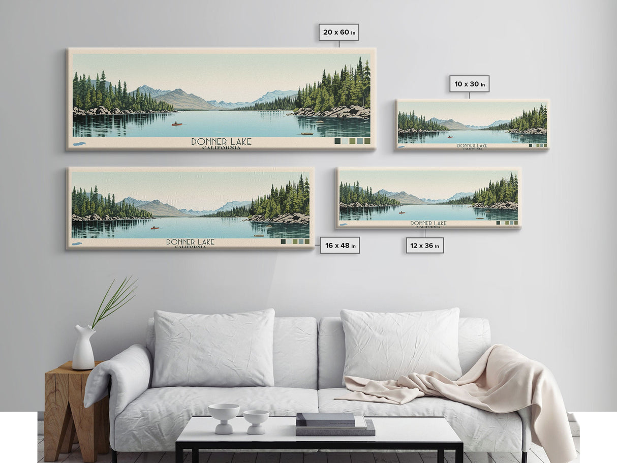 Donner Lake California Framed Canvas Print, Midcentury Modern Panoramic Wall Art, Bedroom Decor, Pop Art, Travel Poster Art, Scenic Nature Painting