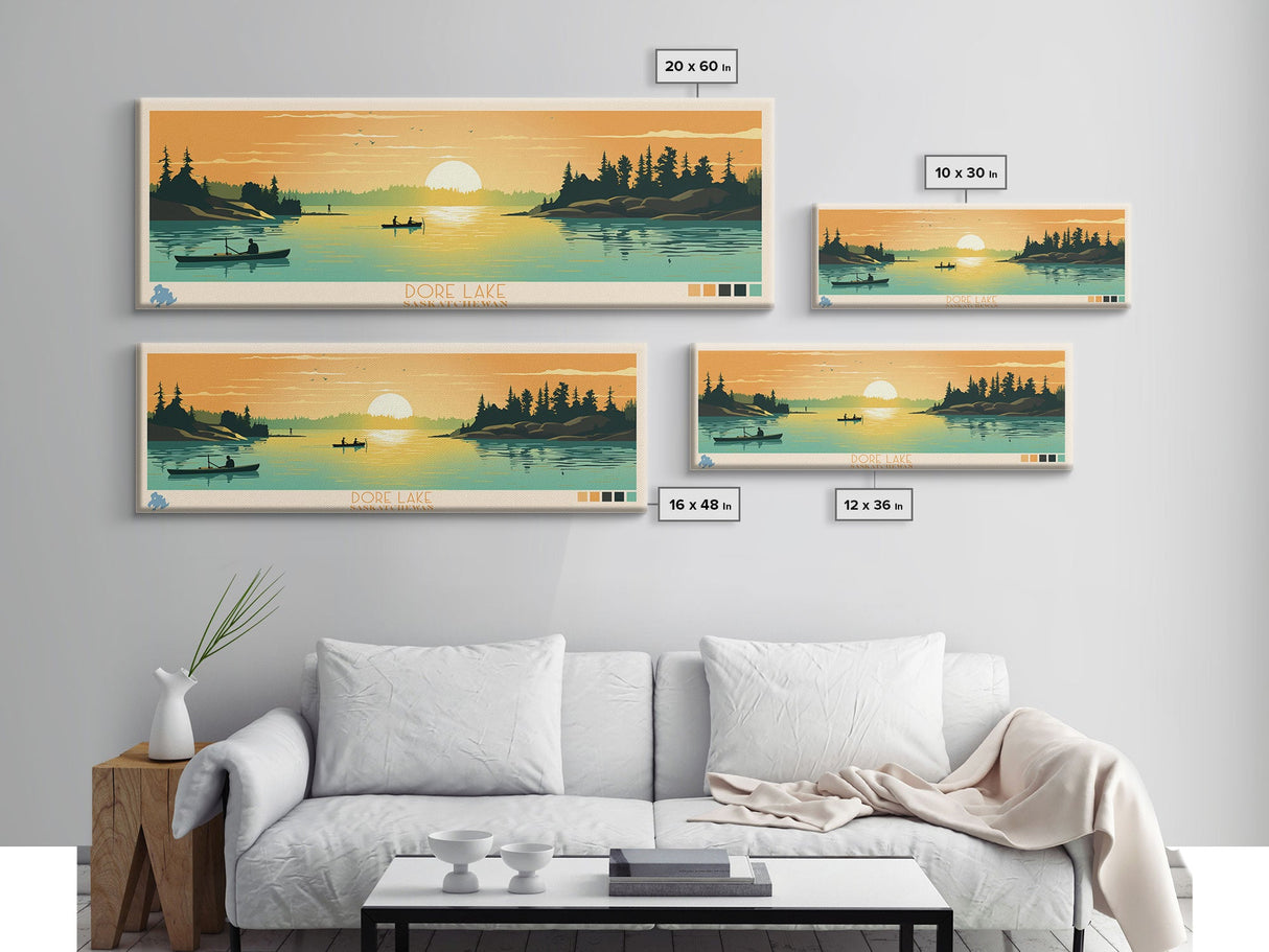 Dore Lake Saskatchewan Framed Canvas Print, Midcentury Modern Panoramic Wall Art, Living Room Decor, Pop Art, Travel Poster Art, Scenic Nature Painting