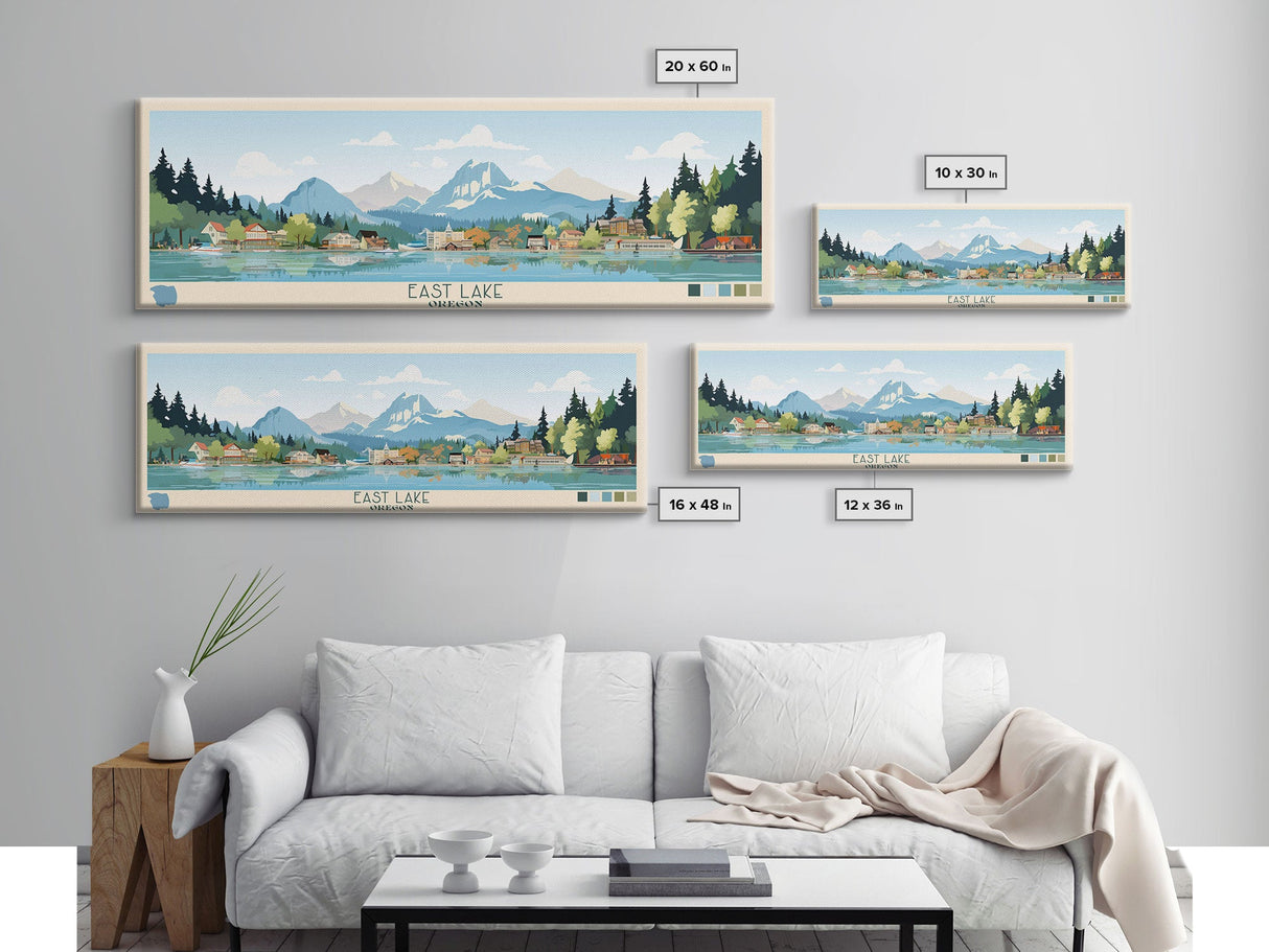 East Lake Oregon Framed Canvas Print, Panoramic Landscape Art, Midcentury Modern, Pop Art, Living Room Wall Art, Travel Poster, Beautiful Nature Art