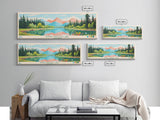 Emma Matilda Lake Wyoming Framed Canvas Print, Panoramic Wall Art, Midcentury Modern, Pop Art, Bedroom Decor, Travel Poster, Nature Painting