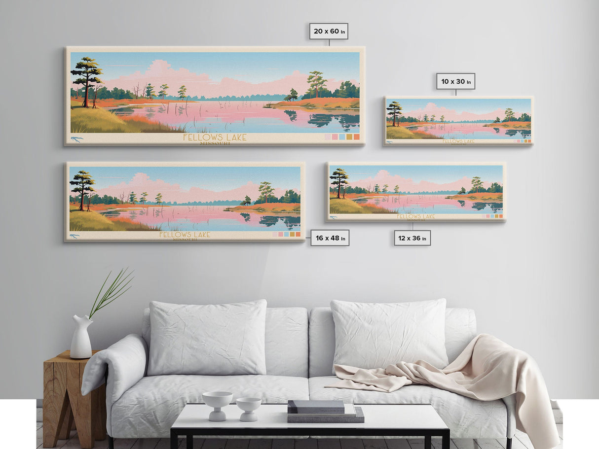 Fellows Lake Missouri Framed Canvas Print, Panoramic Wall Art, Midcentury Modern, Pop Art, Bedroom Decor, Travel Poster, Artistic Decor, Nature Painting