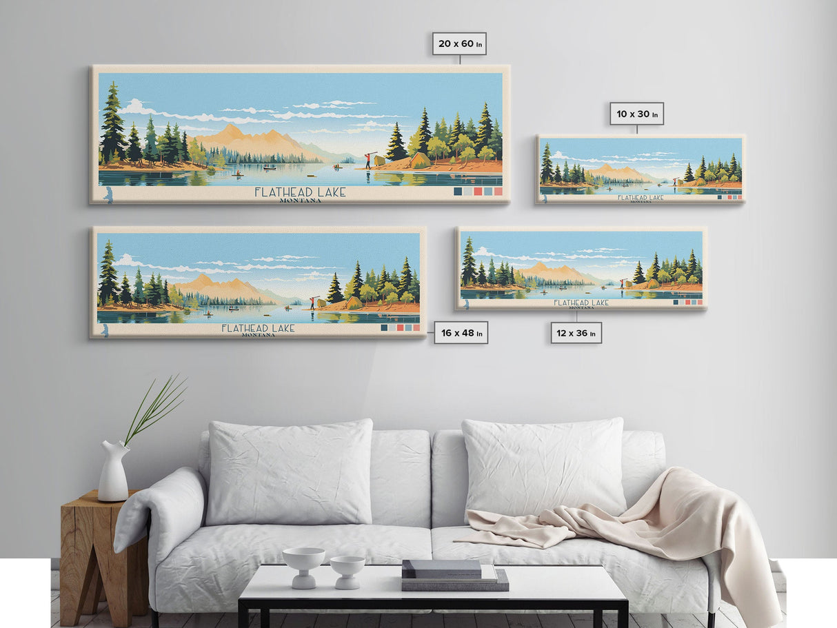 Flathead Lake Montana Framed Canvas Print, Panoramic Wall Art, Midcentury Modern, Pop Art, Bedroom Decor, Travel Poster, Nature Painting, Artistic Decor