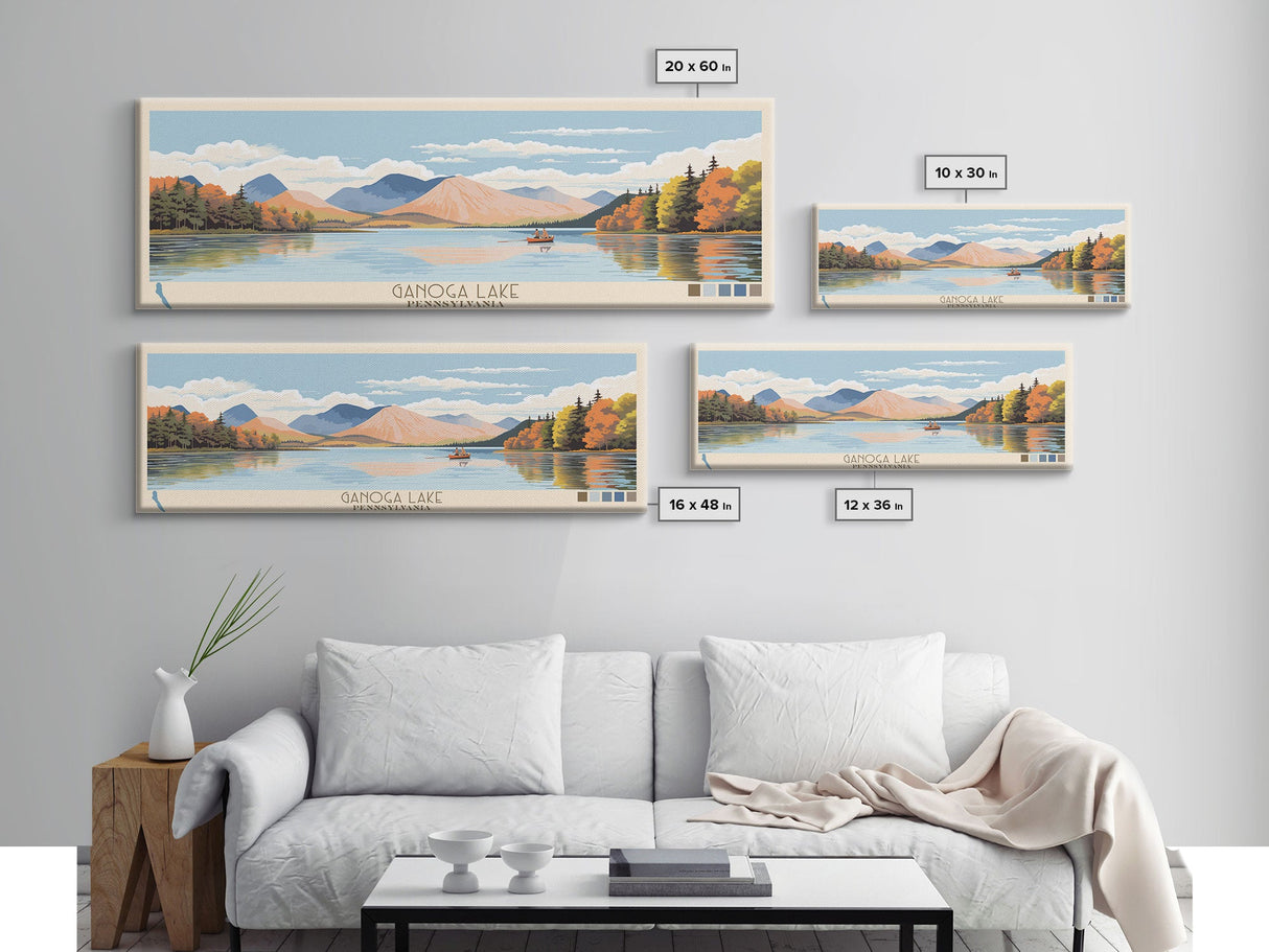 Ganoga Lake Pennsylvania Framed Canvas Print, Panoramic Art, Midcentury Modern, Pop Art, Living Room Wall Art, Travel Poster, Nature Painting, Home Decor