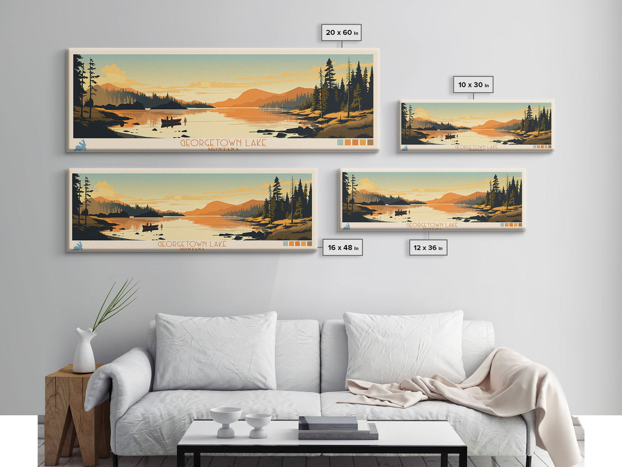 Georgetown Lake Montana Framed Canvas Print, Panoramic Wall Art, Midcentury Modern, Pop Art, Living Room Decor, Travel Poster, Nature Art, Lake House Art