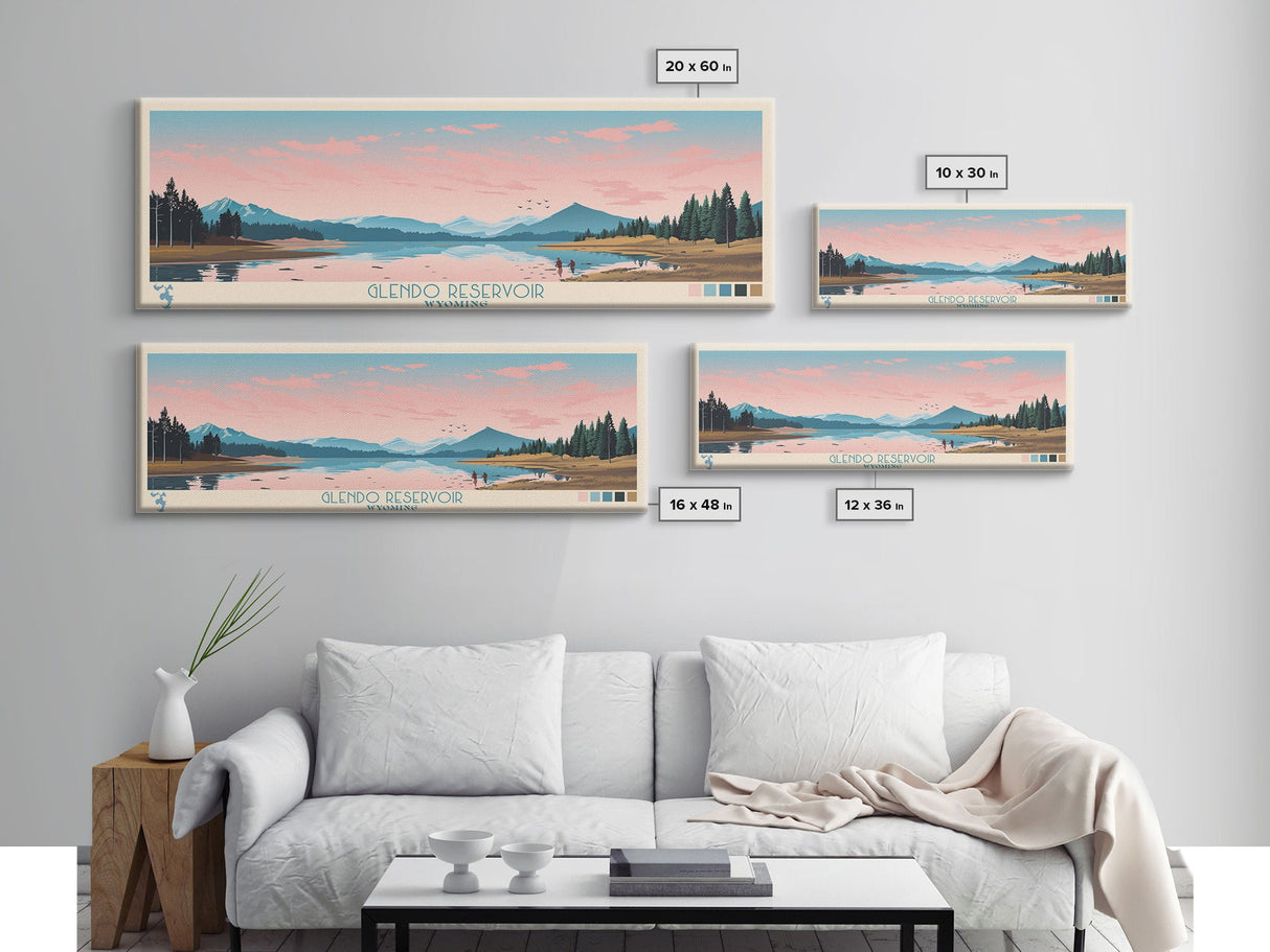 Glendo Reservoir Wyoming Framed Canvas Print, Panoramic Art, Midcentury Modern, Pop Art, Bedroom Decor, Travel Poster, Nature Painting, Home Decor