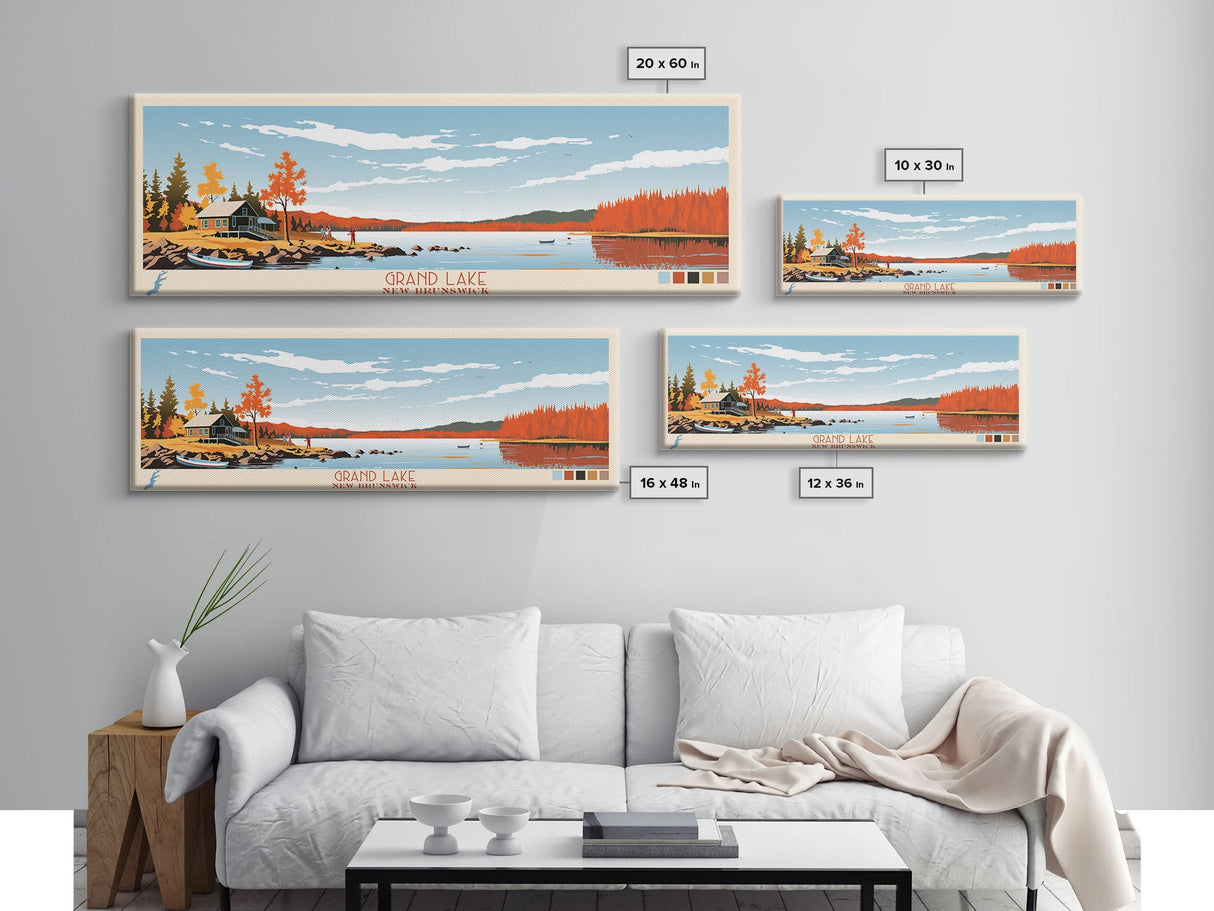 Grand Lake Canada New Brunswick Framed Canvas Print, Panoramic Art, Midcentury Modern, Pop Art, Bedroom Decor, Travel Poster, Lake House Art, Wall Art