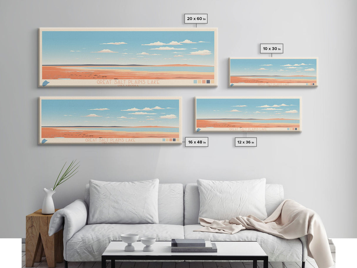 Great Salt Plains Lake Oklahoma Framed Canvas Print, Panoramic Art, Midcentury Modern, Pop Art, Bedroom Decor, Travel Poster, Lake House Art, Wall Art