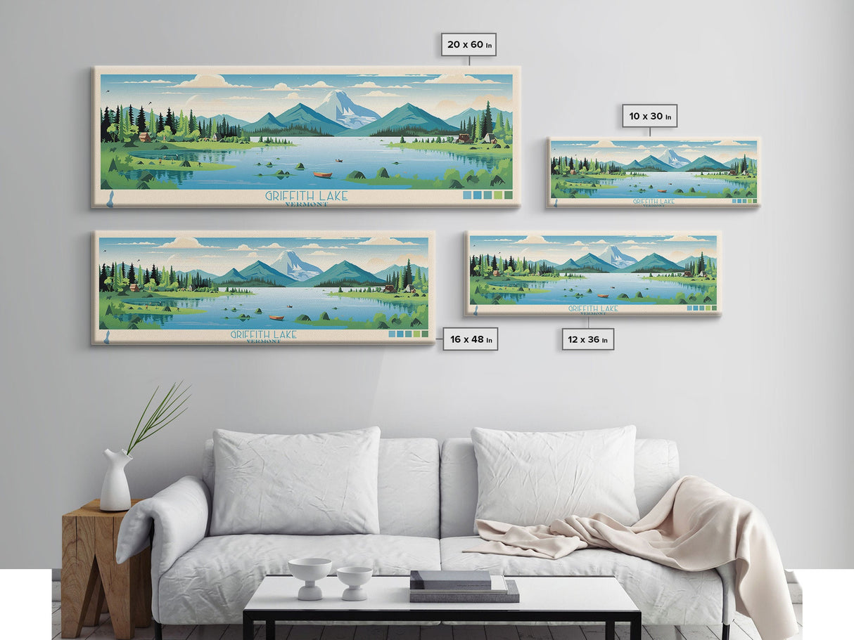 Griffith Lake Vermont Framed Canvas Print, Panoramic Wall Art, Midcentury Modern, Pop Art, Living Room Wall Art, Travel Poster, Lake View, Nature Art