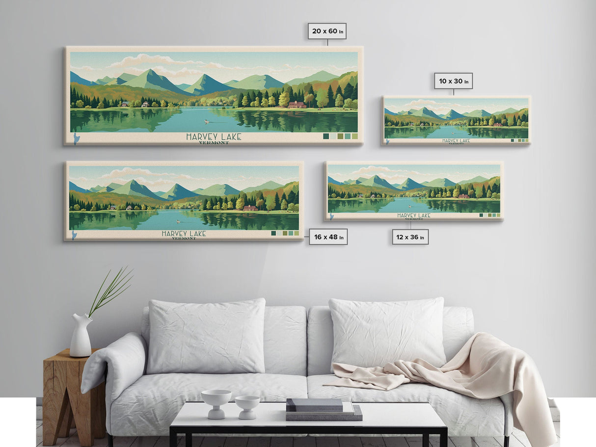 Harvey Lake Vermont Framed Canvas Print, Panoramic Wall Art, Midcentury Modern, Pop Art, Living Room Wall Art, Travel Poster, Lake View, Artistic Decor