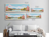 Highland Lake Connecticut Framed Canvas Print, Panoramic Art, Midcentury Modern, Pop Art, Lake House Decor, Travel Poster, Living Room Art