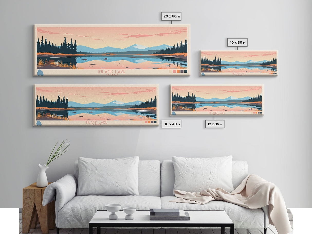 Inland Lake Alaska Framed Canvas Print, Panoramic Wall Art, Midcentury Modern, Pop Art, Bedroom Art, Travel Poster, Home Decor