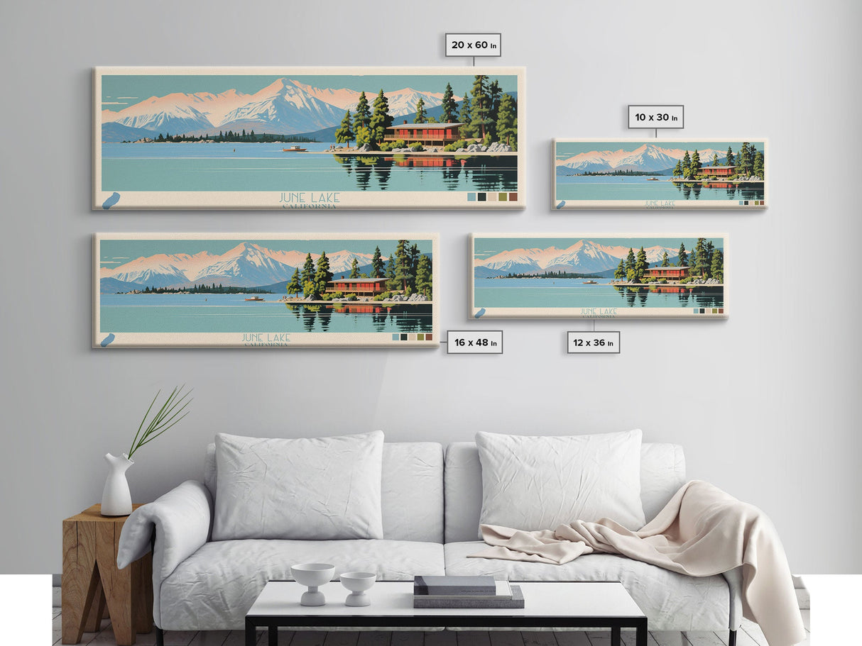 June Lake California Framed Canvas Print, Panoramic Wall Art, Midcentury Modern, Pop Art, Lake House Art, Travel Poster, Bedroom Decor