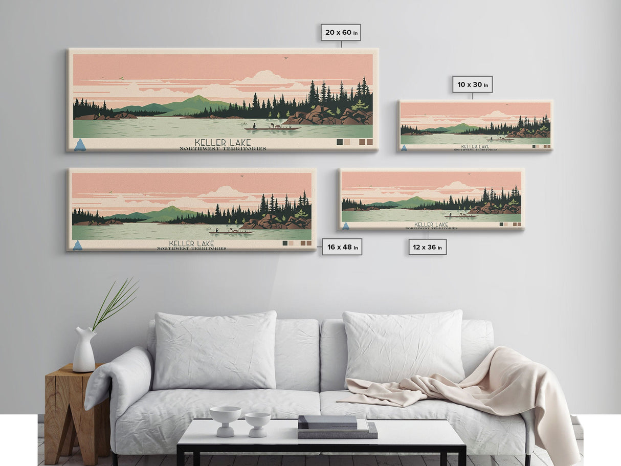 Keller Lake Northwest Territories Framed Canvas Print, Panoramic Art, Midcentury Modern, Pop Art, Living Room Wall Art, Travel Poster, Lake House Art