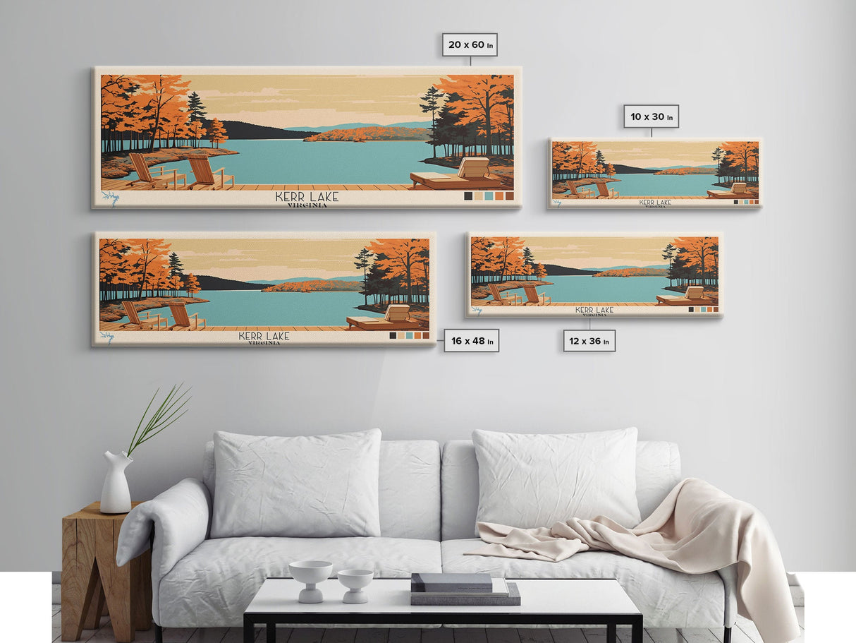 Kerr Lake Virginia Framed Canvas Print, Panoramic Wall Art, Midcentury Modern, Pop Art, Bedroom Decor, Travel Poster, Nature Art