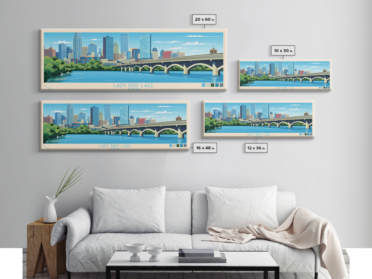 Lady Bird Lake Texas Framed Canvas Print, Panoramic Art, Midcentury Modern, Pop Art, Living Room Wall Art, Travel Poster, Lake House Decor