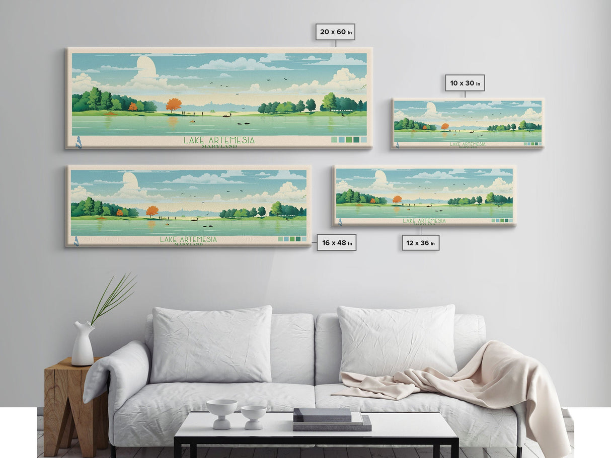 Lake Artemesia Maryland Framed Canvas Print, Panoramic Wall Art, Midcentury Modern, Pop Art, Bedroom Decor, Travel Poster, Living Room Art