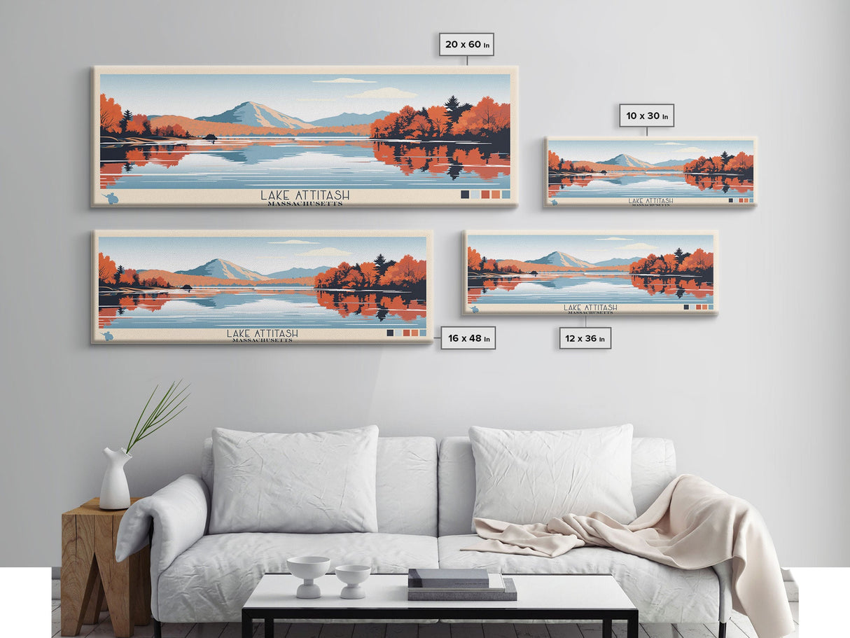 Lake Attitash Massachusetts Framed Canvas Print, Panoramic Wall Art, Midcentury Modern, Pop Art, Bedroom Decor, Travel Poster, Living Room Art