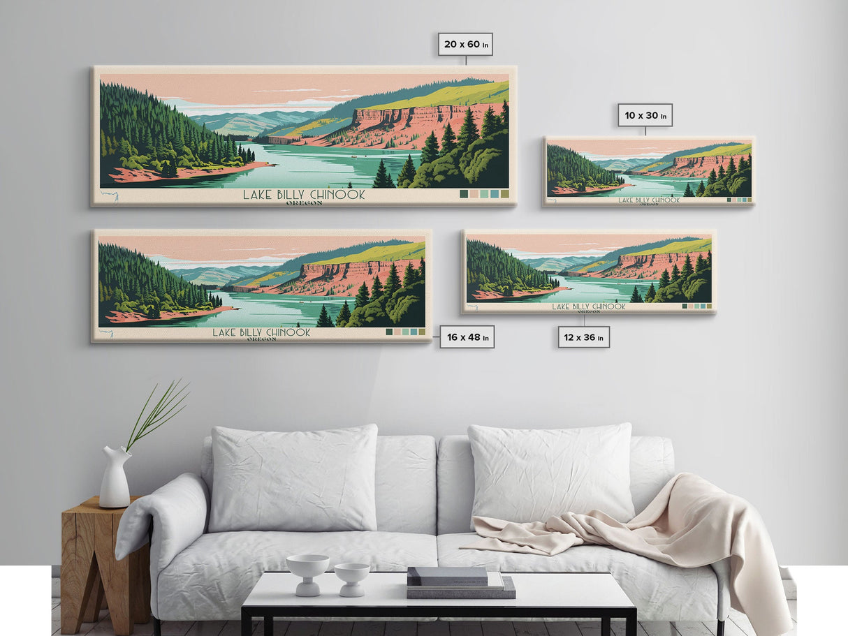 Lake Billy Chinook Oregon Framed Canvas Print, Panoramic Wall Art, Midcentury Modern, Pop Art, Living Room Decor, Travel Poster, Bedroom Art