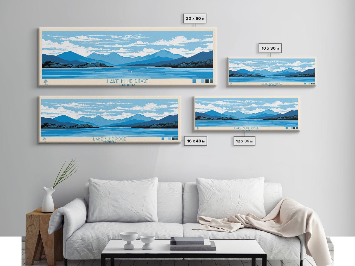 Lake Blue Ridge Georgia Framed Canvas Print, Panoramic Art, Midcentury Modern, Pop Art, Living Room Wall Art, Travel Poster, Lake House Decor