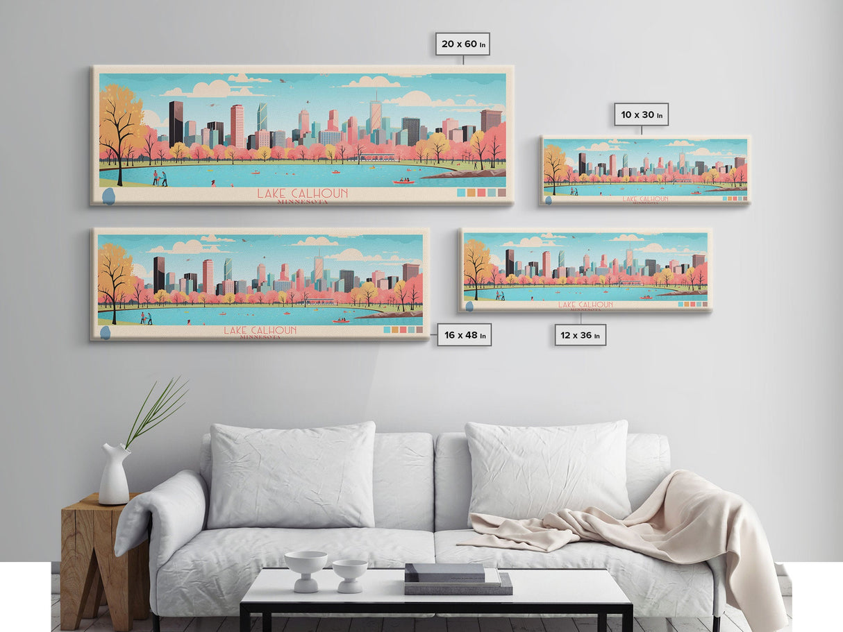 Lake Calhoun Minnesota Framed Canvas Print, Panoramic Wall Art, Midcentury Modern, Pop Art, Bedroom Decor, Travel Poster, Living Room Art