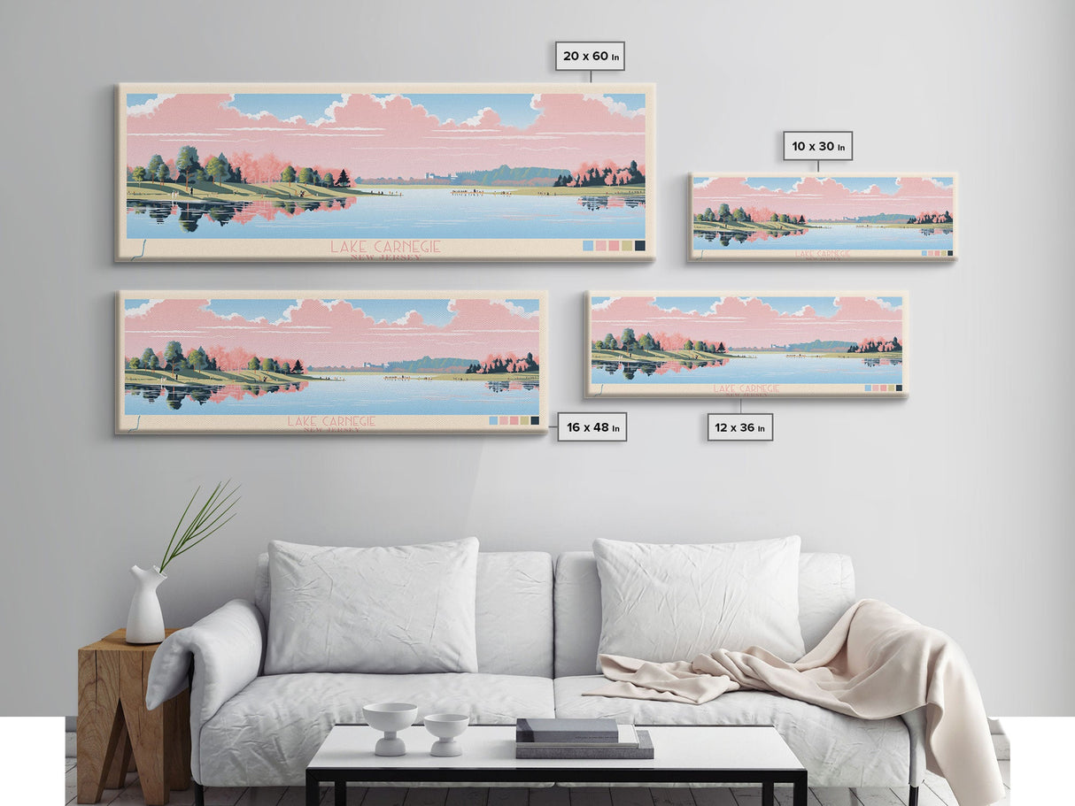 Lake Carnegie New Jersey Framed Canvas Print, Panoramic Wall Art, Midcentury Modern, Pop Art, Bedroom Decor, Travel Poster, Living Room Art