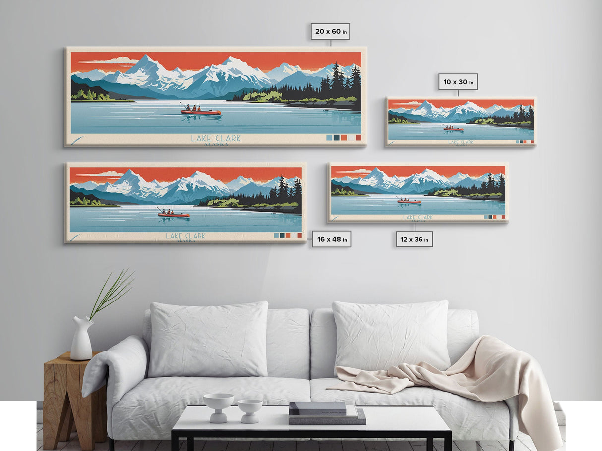 Lake Clark Alaska Framed Canvas Print, Panoramic Wall Art, Midcentury Modern, Pop Art, Bedroom Decor, Travel Poster, Living Room Art