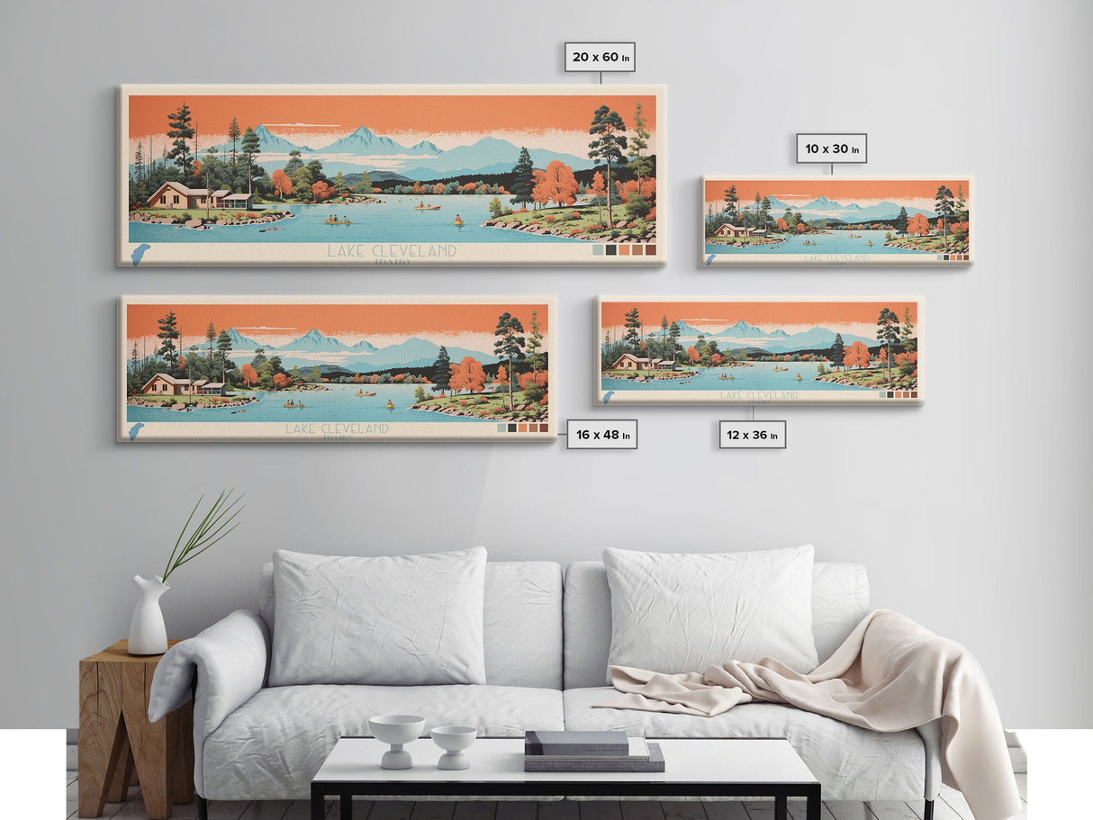 Lake Cleveland Idaho Framed Canvas Print, Panoramic Art, Midcentury Modern, Pop Art, Living Room Wall Art, Travel Poster, Lake House Decor